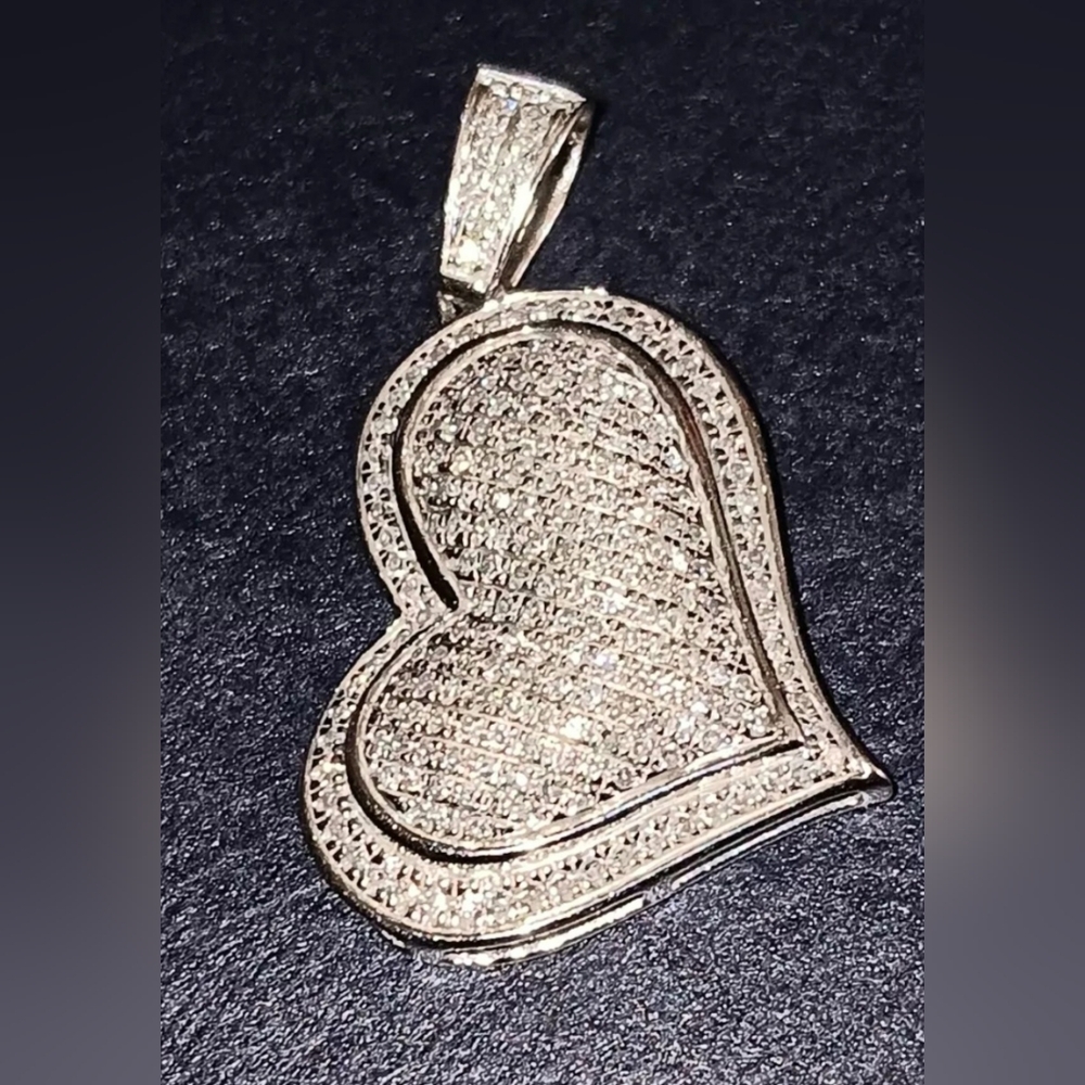 10k White Gold PJ Marked Real Diamonds Heart Pendant x 2.7 Grams